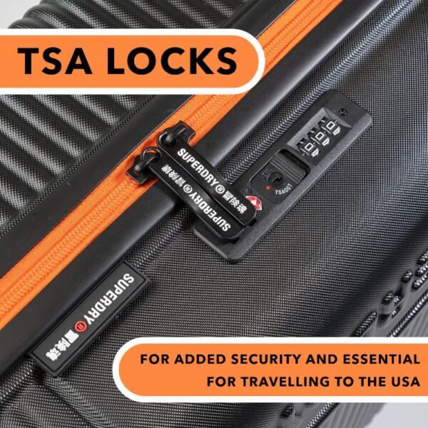 Superdry Hard Shell Travel Suitcases - Lightweight, Robust, TSA Locks, with 8 Smooth Spinner Wheels, Telescopic Trolley, Clothing Retention Straps & High Cap Luggage (Black/Orange, Small) - Image 3